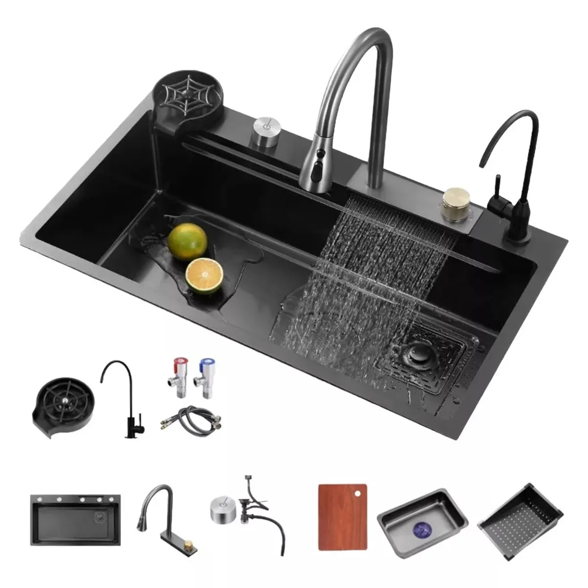KUANGYE - Fregadero Cascada de Cocina Combo Lavaplato Empotrado Lavavaso 80x45cm