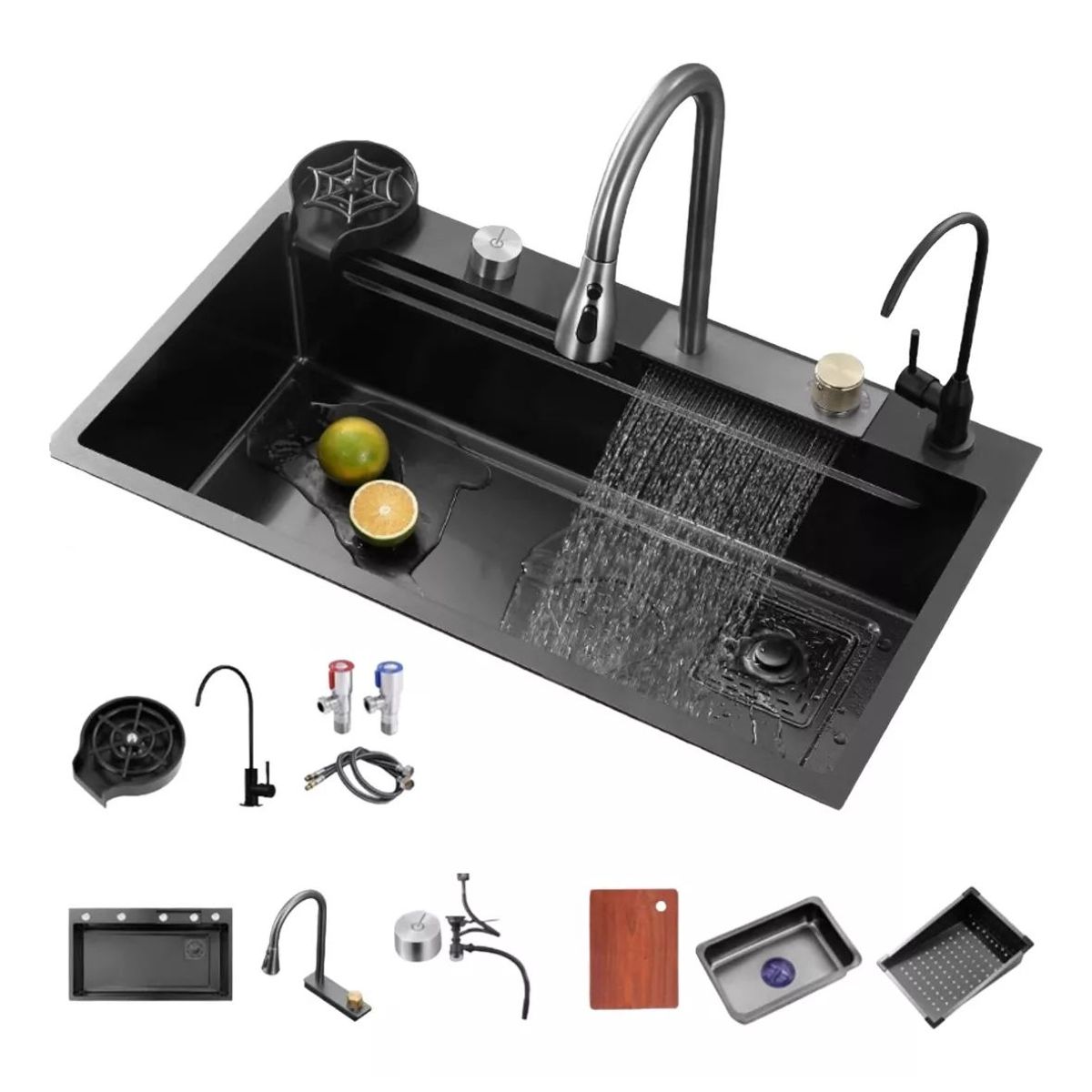 KUANGYE - Fregadero Cascada de Cocina Combo Lavaplato Empotrado Lavavaso 80x45cm