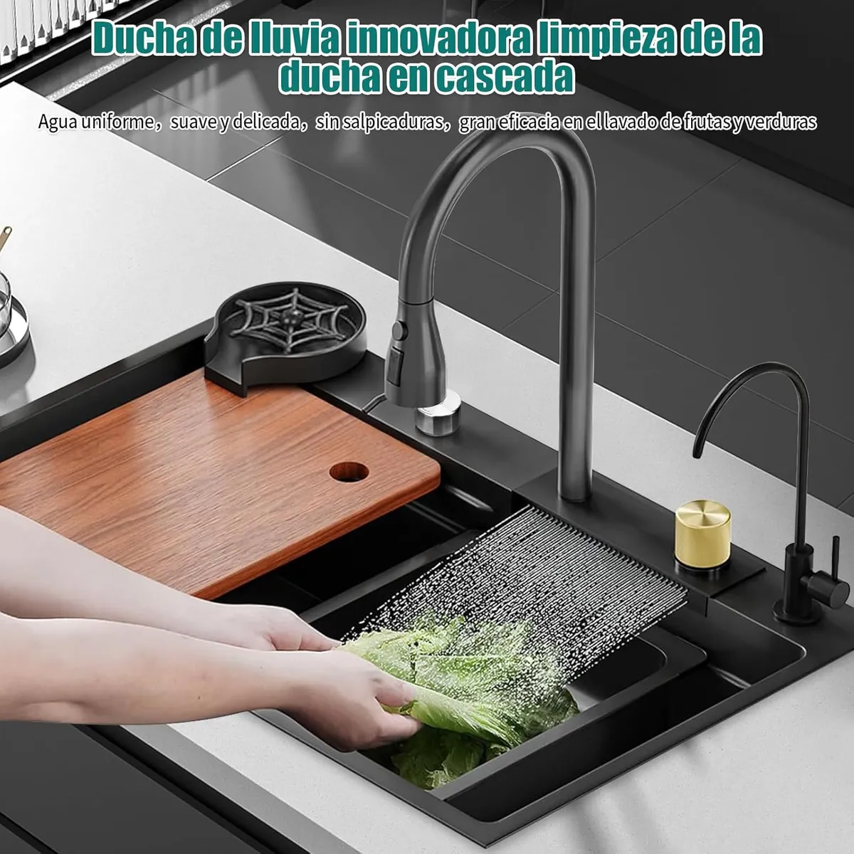 KUANGYE - Fregadero Cascada de Cocina Combo Lavaplato Empotrado Lavavaso 80x45cm