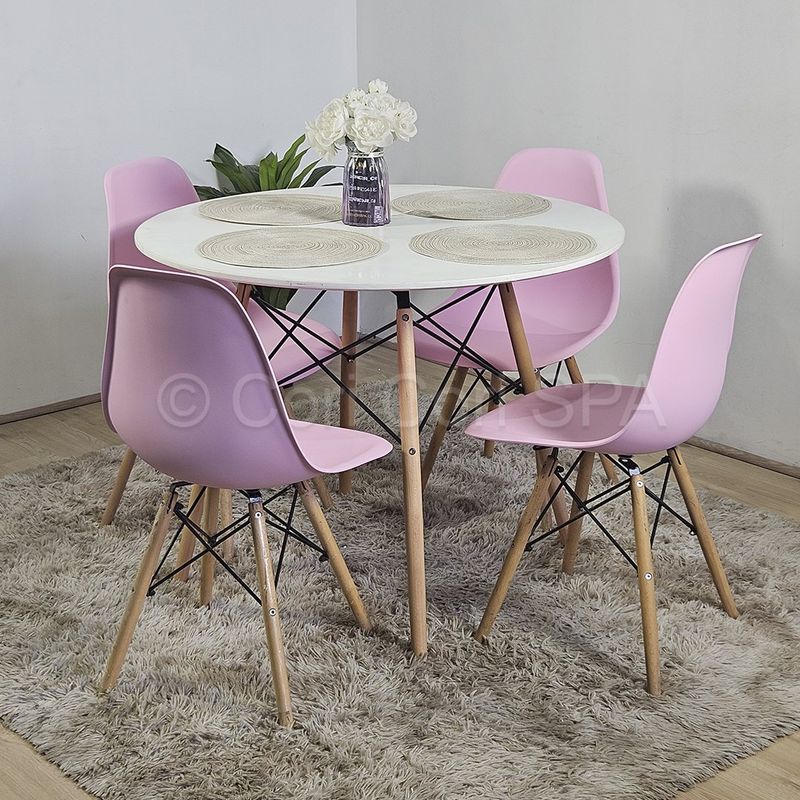 CORI CORI - Comedor Mesa Eames Blanca 100cms + 4 Sillas Eames Replica Rosa