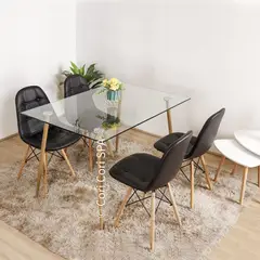CORI CORI - Juego de Comedor Vidrio 120x 80 cm + 4 Sillas Capitonne Eames Negra
