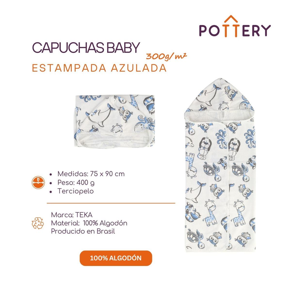 TEKA - Toalla Capucha De Algodón Estampada Bichos Azules