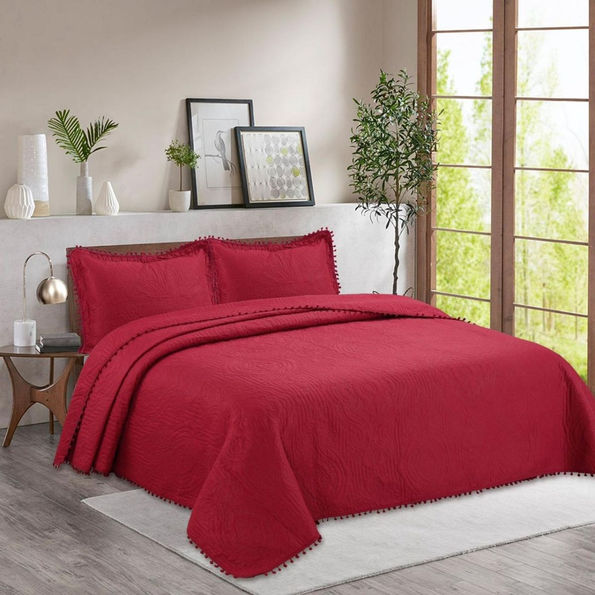 GENERICO - Cubrecama Quilt De Verano King 2.5 Plazas Pompones Burdeo