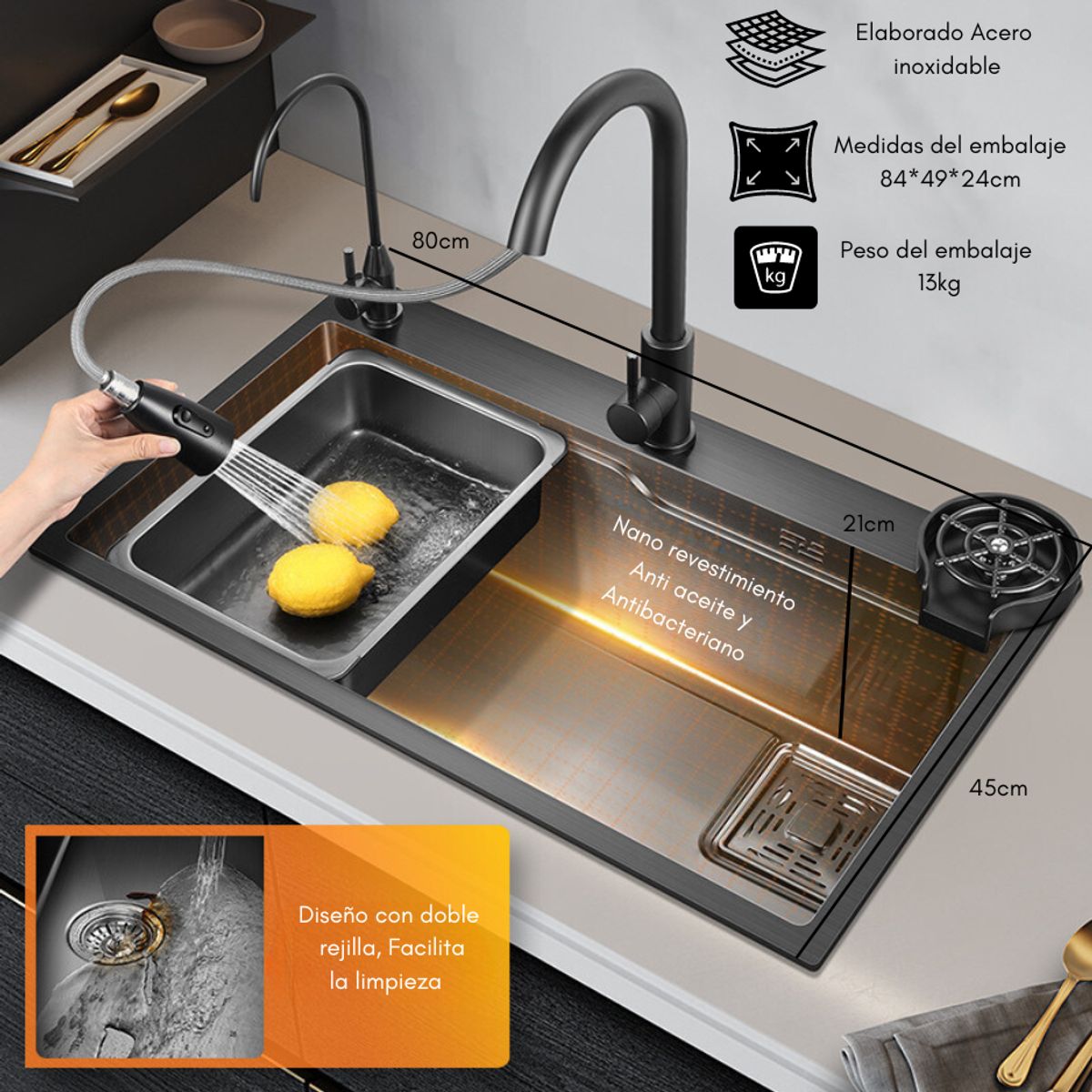 GENERICO - Combo Lavaplato Empotrado80x45cm Acero Inoxidable Fullequipo