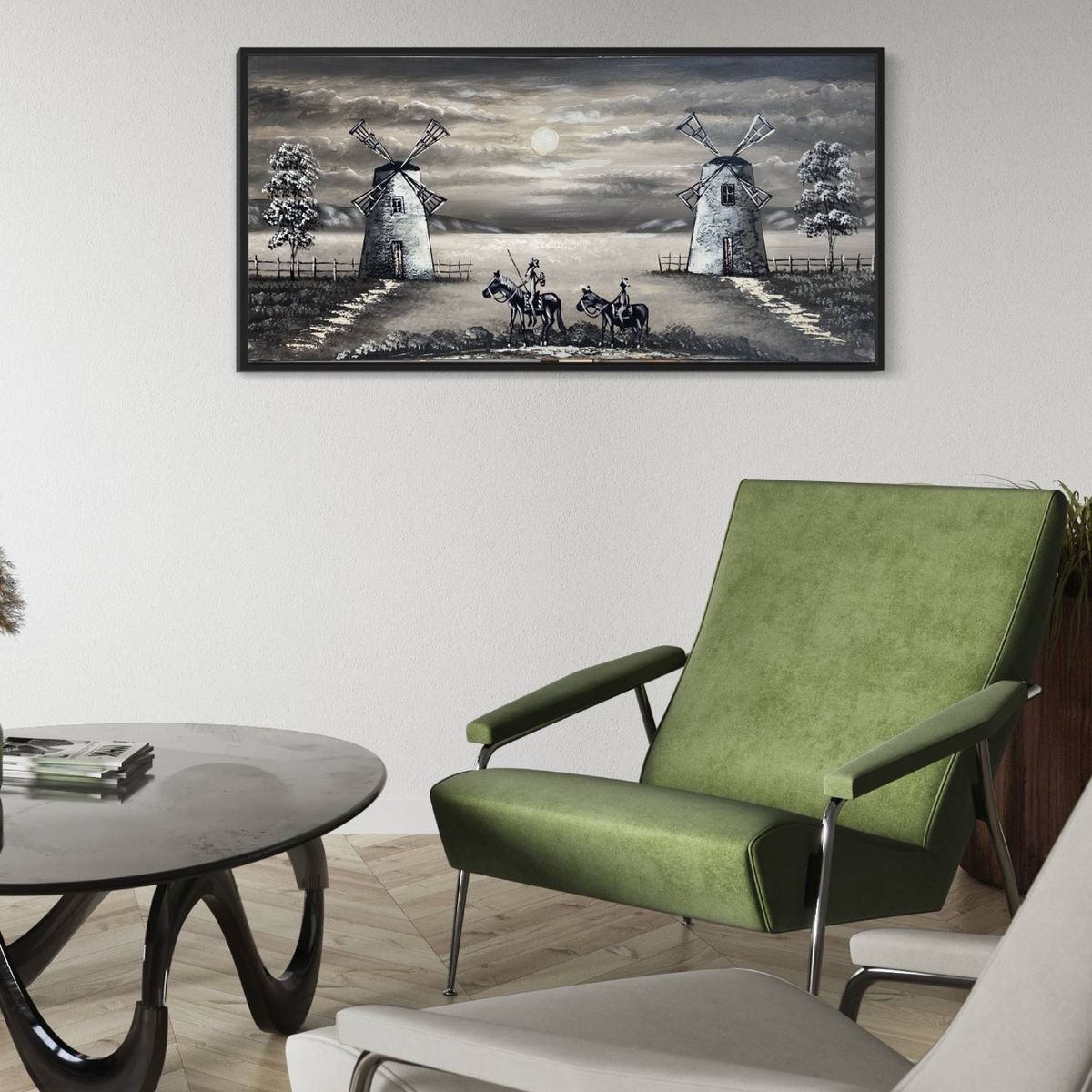 DEKAM DISEÑO - Cuadro Quijote Gris Pintado Enmarcado  medida 124x64 cms