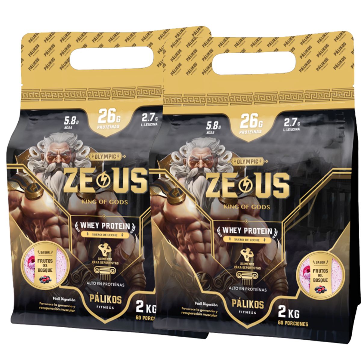 PALIKOS FITNESS - Doble de Proteína 100% Whey Protein - 2 x Doypack de 2kg (2 Frutos)