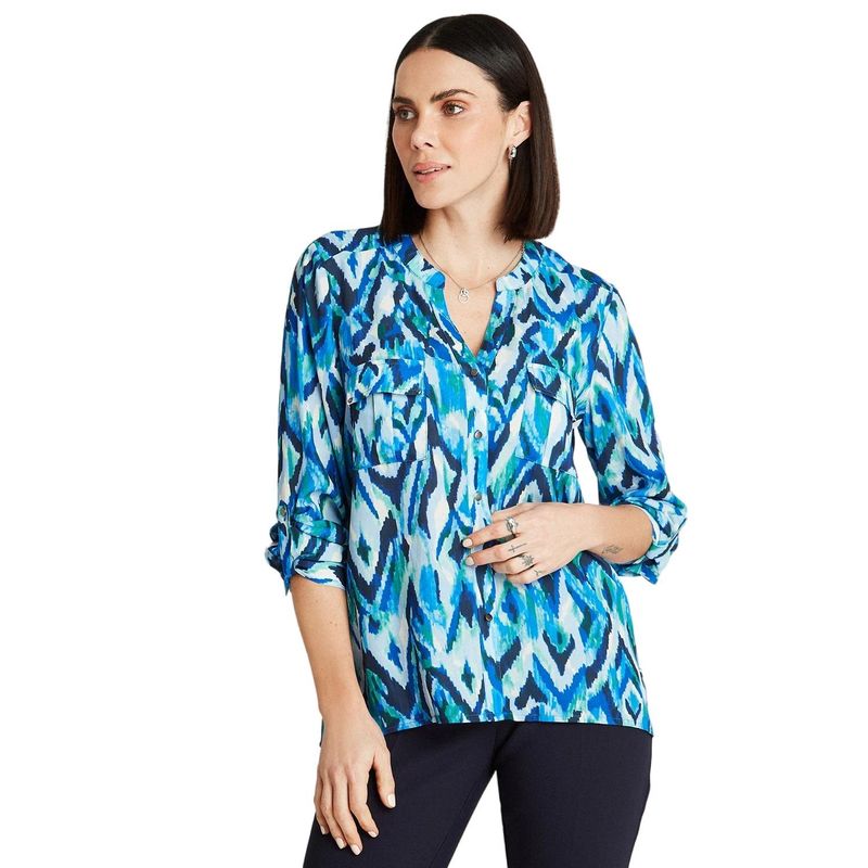 LORENZO DI PONTTI - Blusa Azul Manga Larga Estampado Cuello Mao