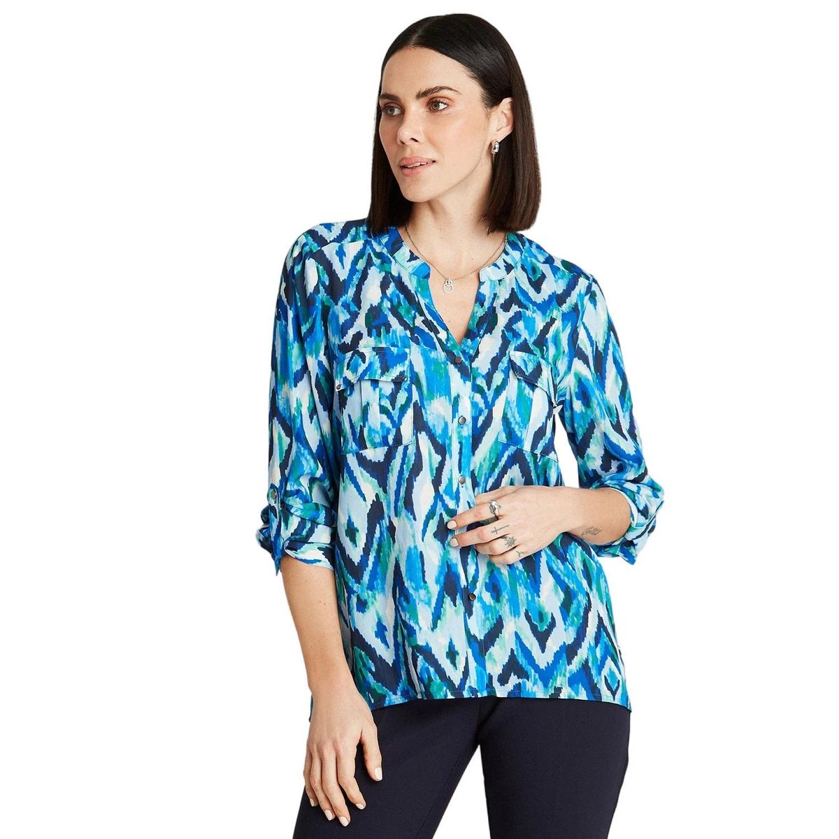 LORENZO DI PONTTI - Blusa Azul Manga Larga Estampado Cuello Mao