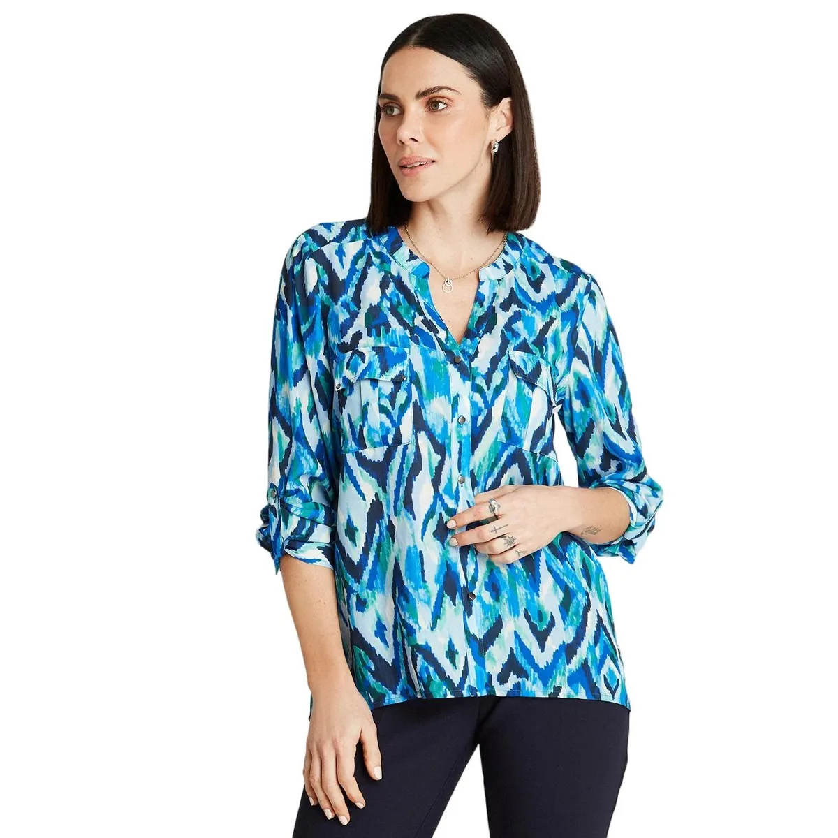 LORENZO DI PONTTI - Blusa Azul Manga Larga Estampado Cuello Mao