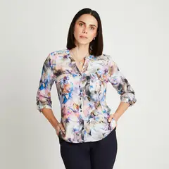 LORENZO DI PONTTI - Blusa Lila Manga Larga Estampado Cuello Mao