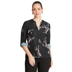 LORENZO DI PONTTI - Blusa Negro Manga Larga Estampado Cuello Mao