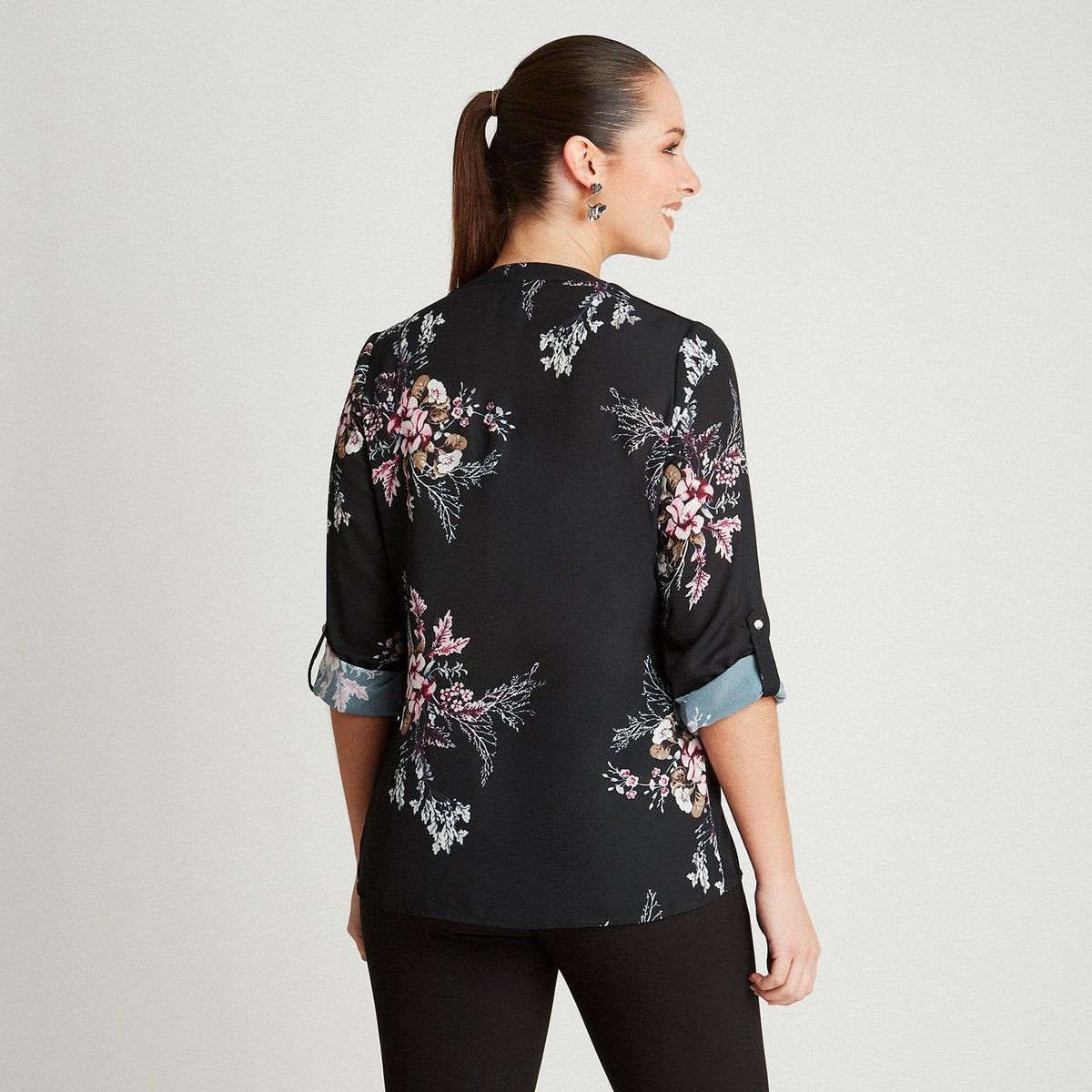 LORENZO DI PONTTI - Blusa Negro Manga Larga Estampado Cuello Mao