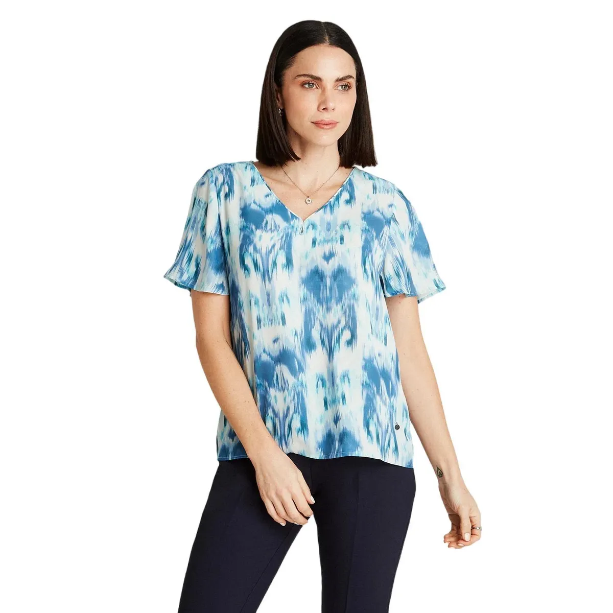 LORENZO DI PONTTI - Blusa Celeste Manga Corta Cuello V