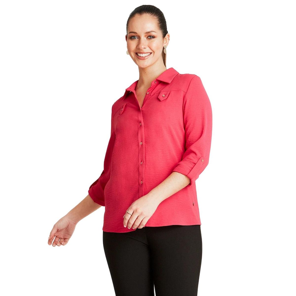 LORENZO DI PONTTI - Blusa Fucsia Manga Larga Cuello Camisero