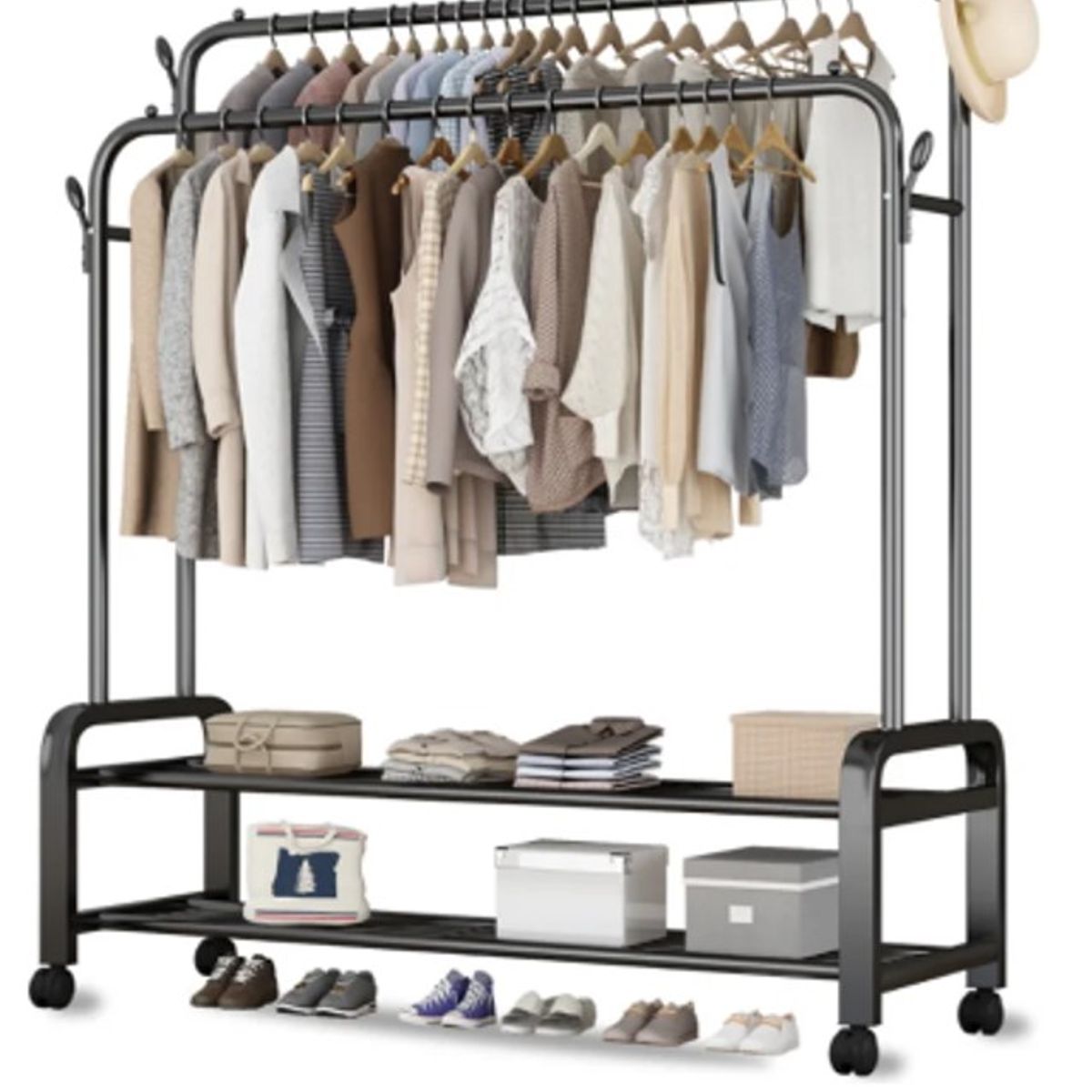 GENERICO - PERCHERO METALICO NEGRO DOBLE BARRA CON RUEDA PARA ROPA
