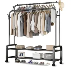 GENERICO - PERCHERO METALICO NEGRO DOBLE BARRA CON RUEDA PARA ROPA
