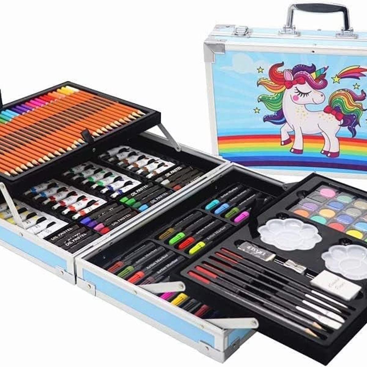 GENERICO - KIT DIBUJO NIÑO 145 PIEZAS EN MALETA ALUMINIO DOBLE PISO