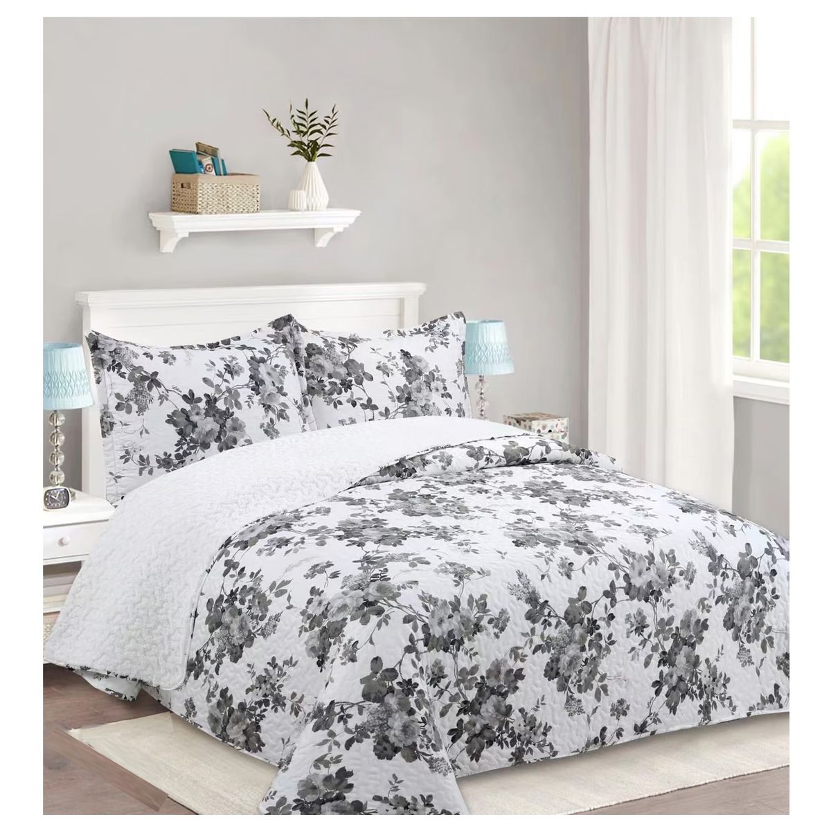 COMPRAPO - Cubrecama Quilt Sherpa 2 Plazas Modelo Flower Gray + 2 Fundas 50x70 Cm