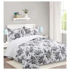 COMPRAPO - Cubrecama Quilt Sherpa 2 Plazas Modelo Flower Gray + 2 Fundas 50x70 Cm