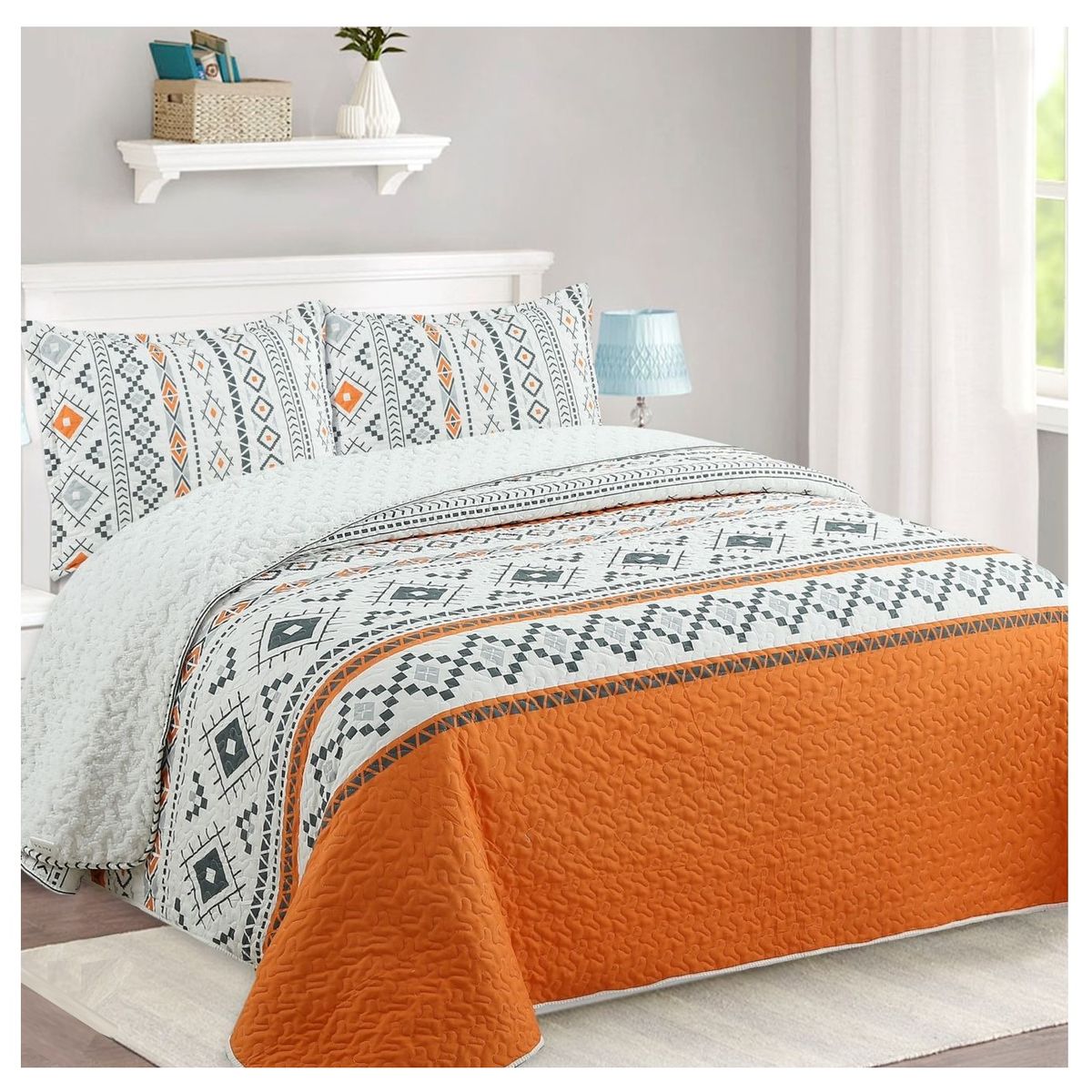 COMPRAPO - Cubrecama Quilt Sherpa 2 Plazas Mod. Etnic Desert + 2 Fundas 50x70 Cm.