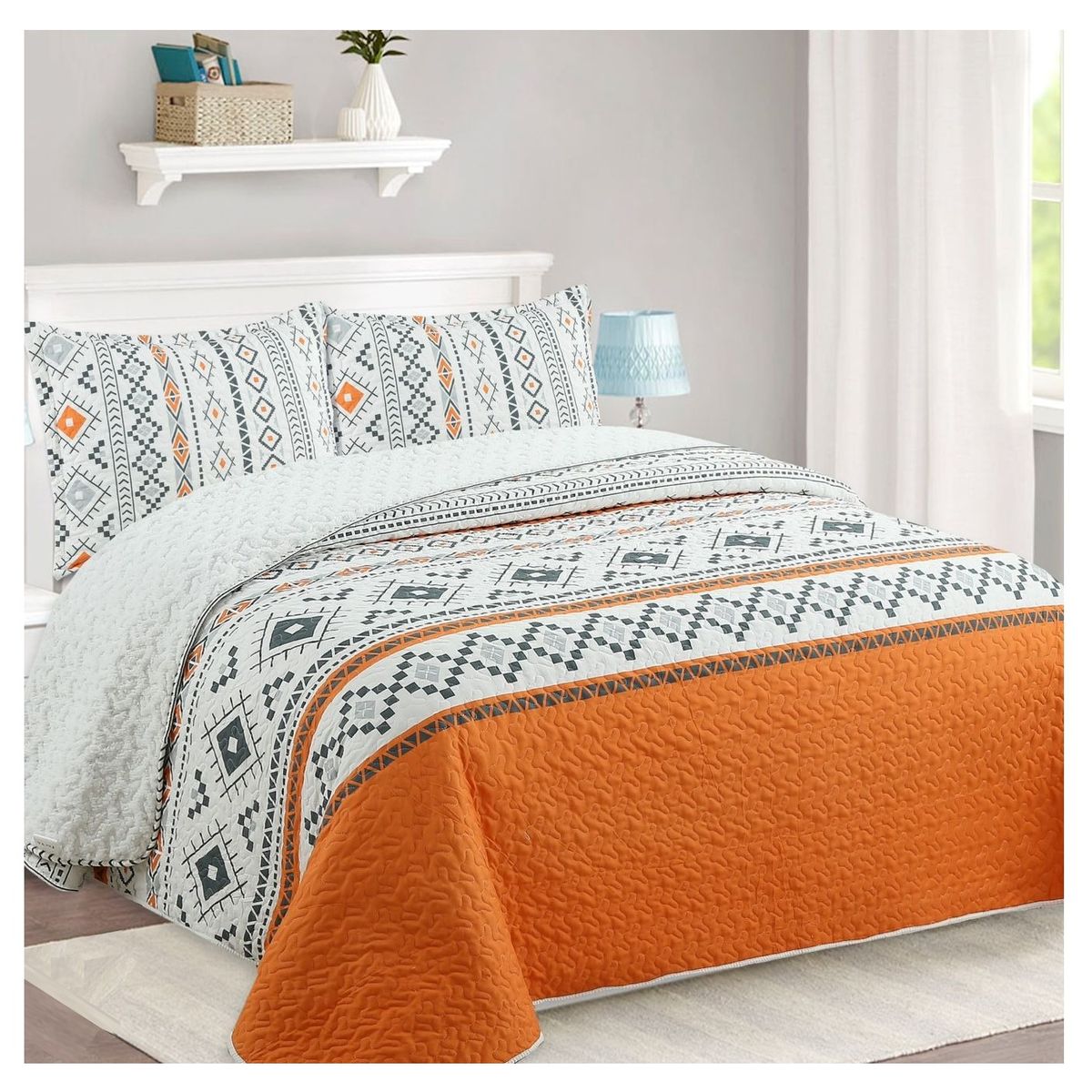 COMPRAPO - Cubrecama Quilt Sherpa 2 Plazas Mod. Etnic Desert + 2 Fundas 50x70 Cm.