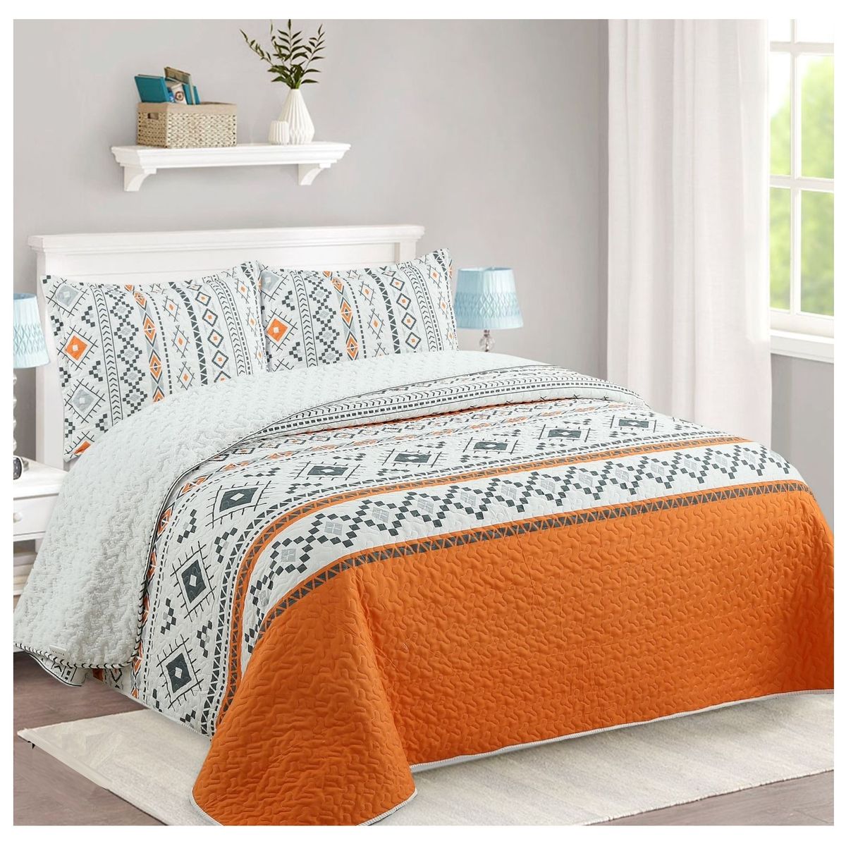 COMPRAPO - Cubrecama Quilt Sherpa 2 Plazas Mod. Etnic Desert + 2 Fundas 50x70 Cm.