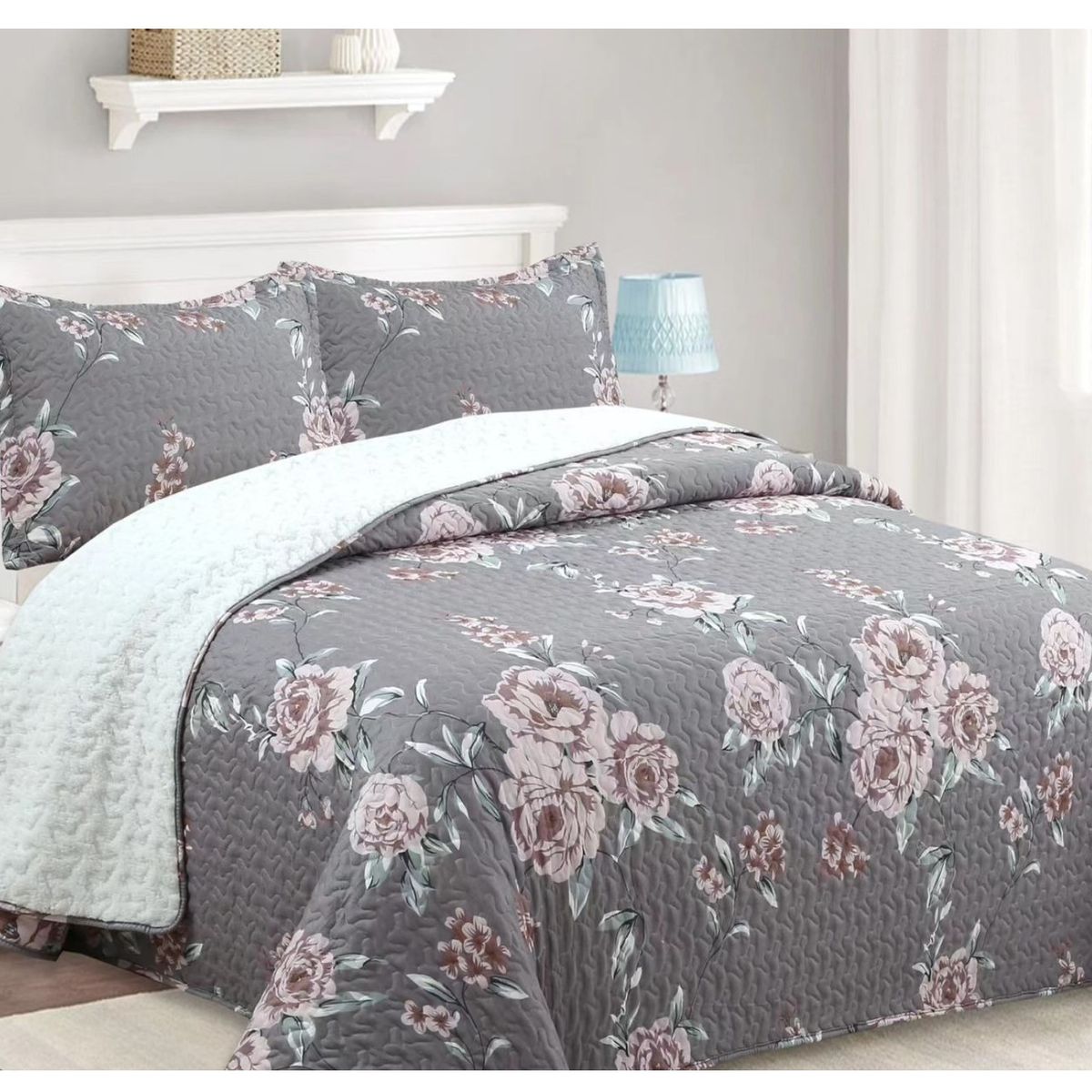 COMPRAPO - Cubrecama Quilt Sherpa 2 Plazas Modelo Old Roses + 2 Fundas 50x70 Cm.