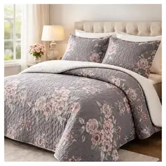 COMPRAPO - Cubrecama Quilt Sherpa 2 Plazas Modelo Old Roses + 2 Fundas 50x70 Cm.