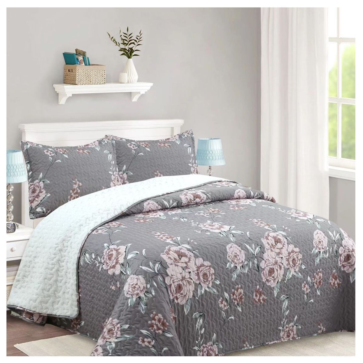 COMPRAPO - Cubrecama Quilt Sherpa 2 Plazas Modelo Old Roses + 2 Fundas 50x70 Cm.