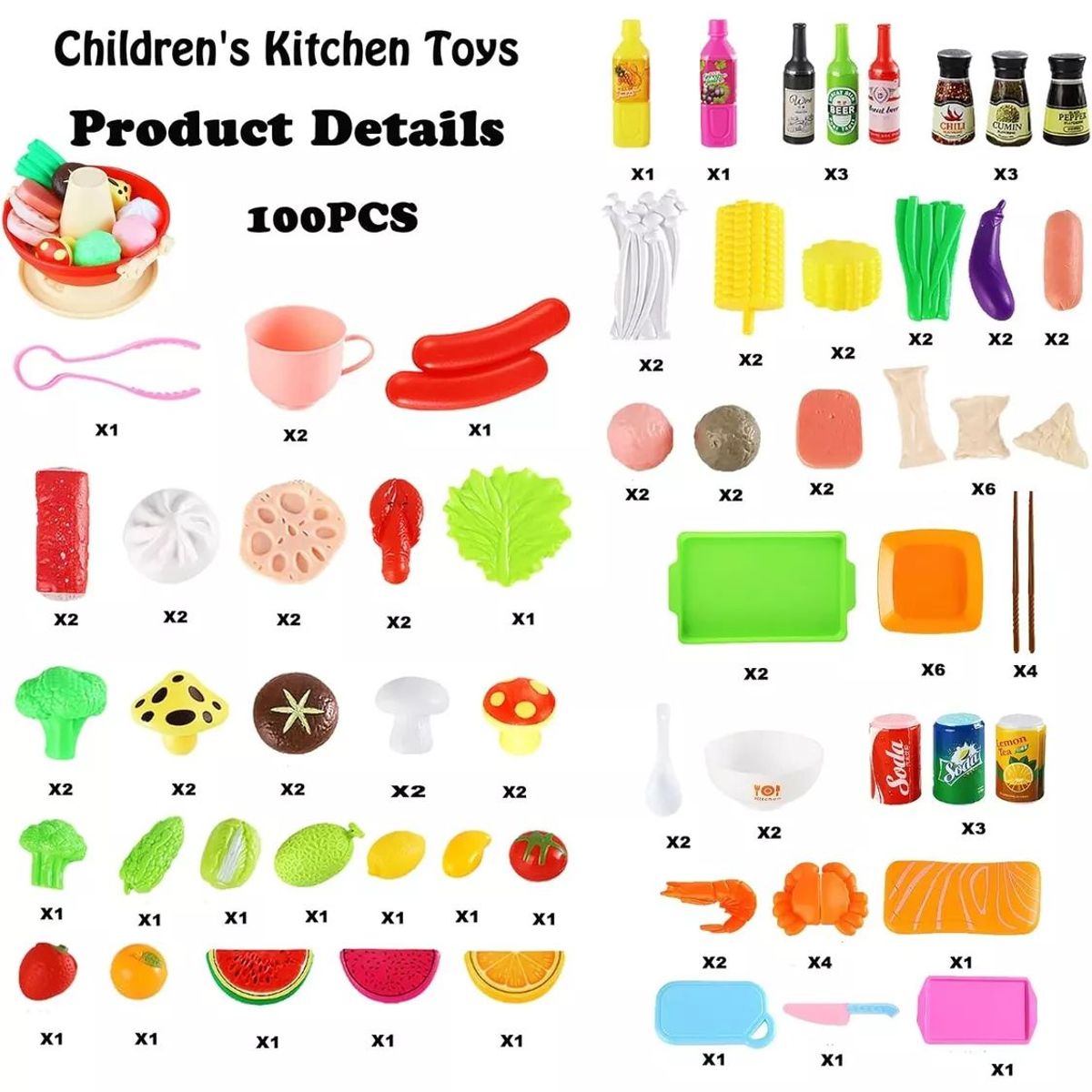 KUANGYE - 101 Piezas Set Comida De Juguete Alimentos Cocina Para Niños