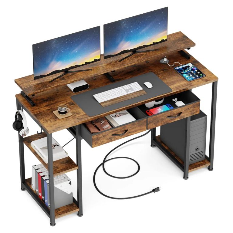 Escritorio Con Repisa 120cm Puerto Usb Ganchos Cajones Pata Metrica