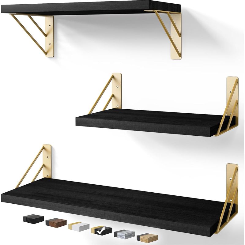 GENERICO - Repisas Flotantes De Madera KIT X3 Estantes Negro con Dorado