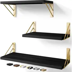 GENERICO - Repisas Flotantes De Madera KIT X3 Estantes Negro con Dorado
