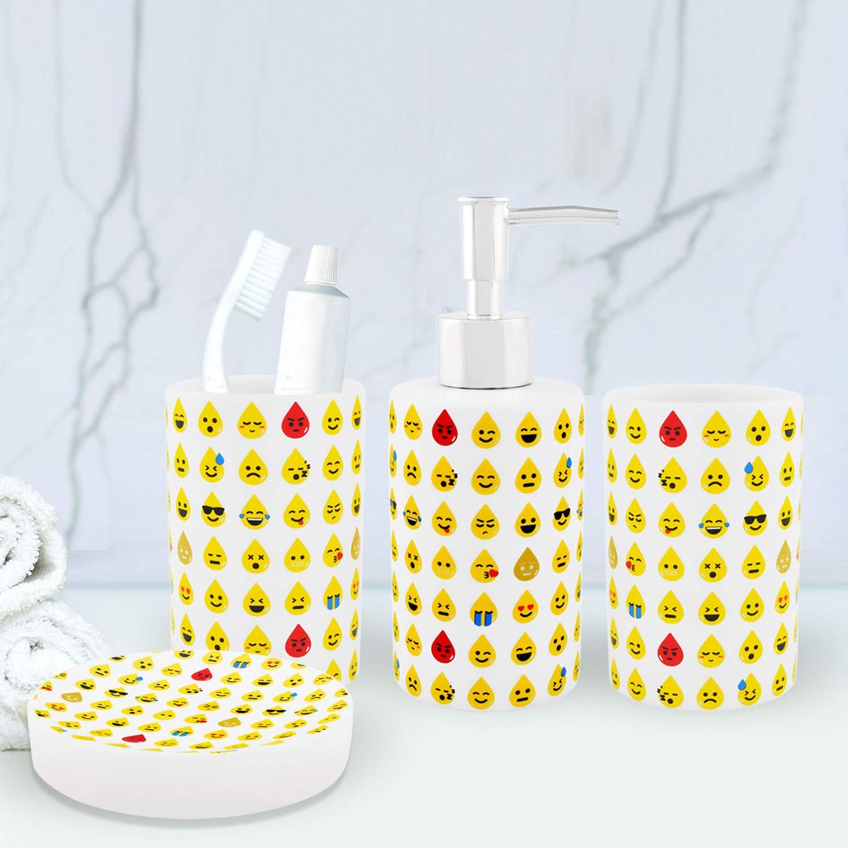 GENERICO - 4 Accesorios De Baño, Cerámica Dispensador, Porta Jabón Vaso, Emoji