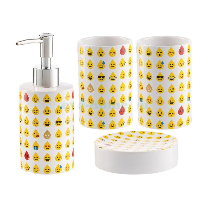 GENERICO - 4 Accesorios De Baño, Cerámica Dispensador, Porta Jabón Vaso, Emoji