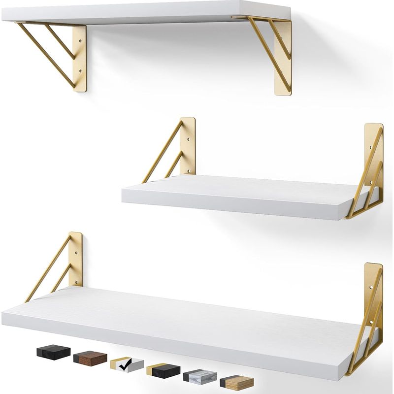 GENERICO - Repisas Flotantes De Madera KIT X3 Estantes Blanco con Dorado