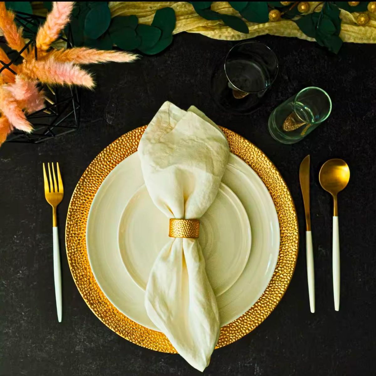 TERRA ESTILO - 6 Platos Bases Dorado Textura Puntitos