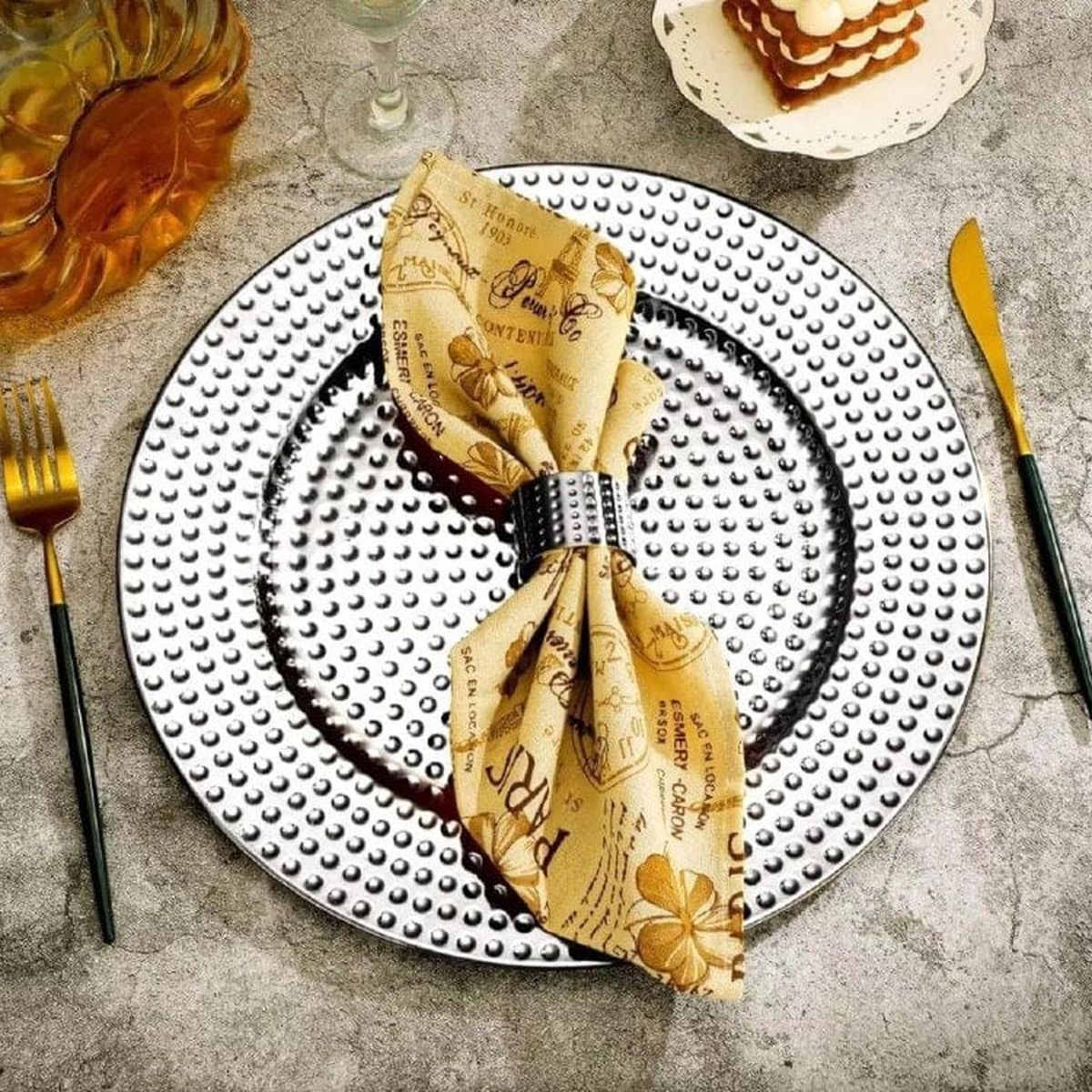 TERRA ESTILO - 6 Platos Bases Plateados textura puntitos