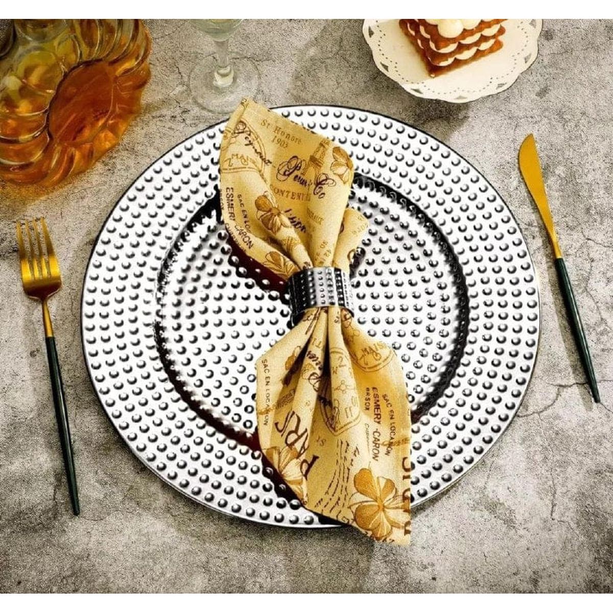 TERRA ESTILO - 6 Platos Bases Plateados textura puntitos