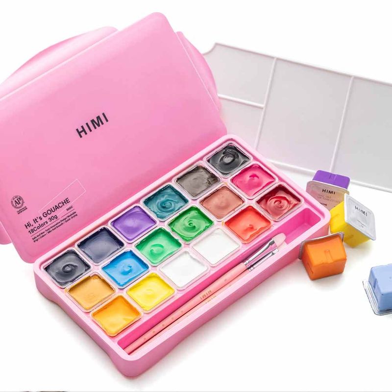 HIMI - Set Himi gouache 18 colores 30ml + pinceles rosado