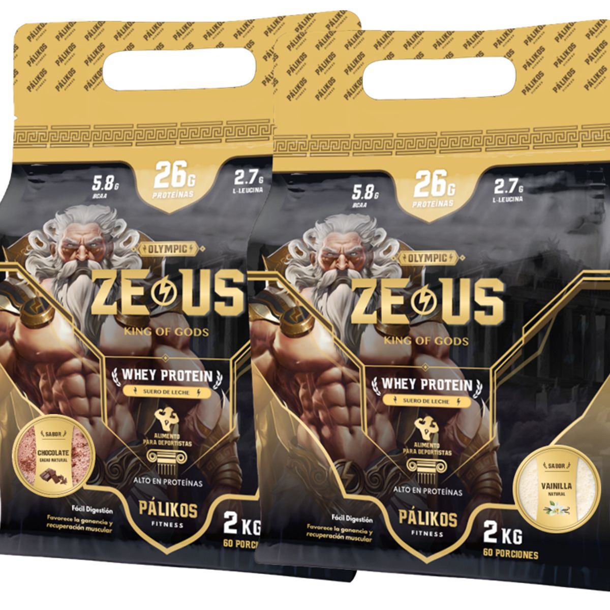 PALIKOS FITNESS - 100% Whey Protein - 2 x Doypack de 2kg (Chocolate y Vainilla)