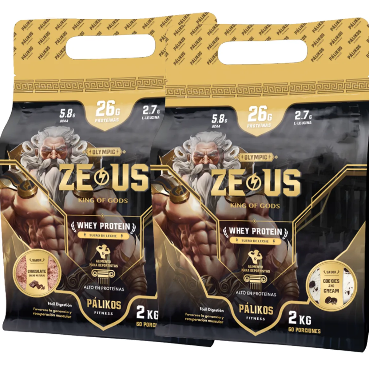 PALIKOS FITNESS - 100% Whey Protein - 2 x Doypack de 2kg(Chocolate y Cookies and Creams)