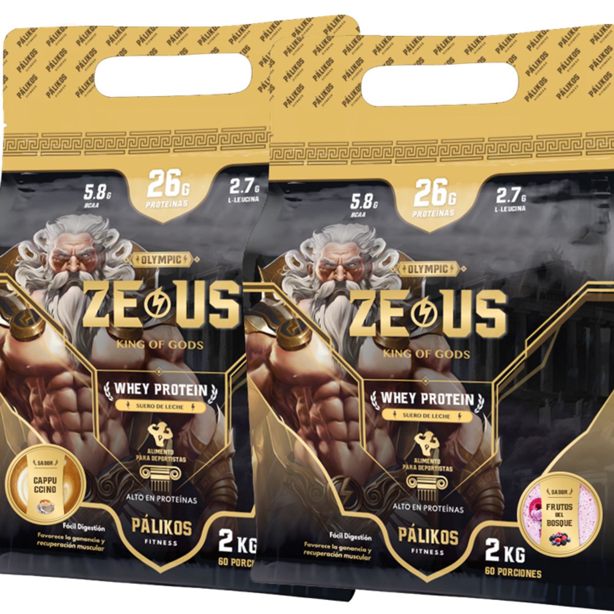 PALIKOS FITNESS - 100% Whey Protein - 2 x Doypack de 2kg(Cappuccino y Frutos del bosque)