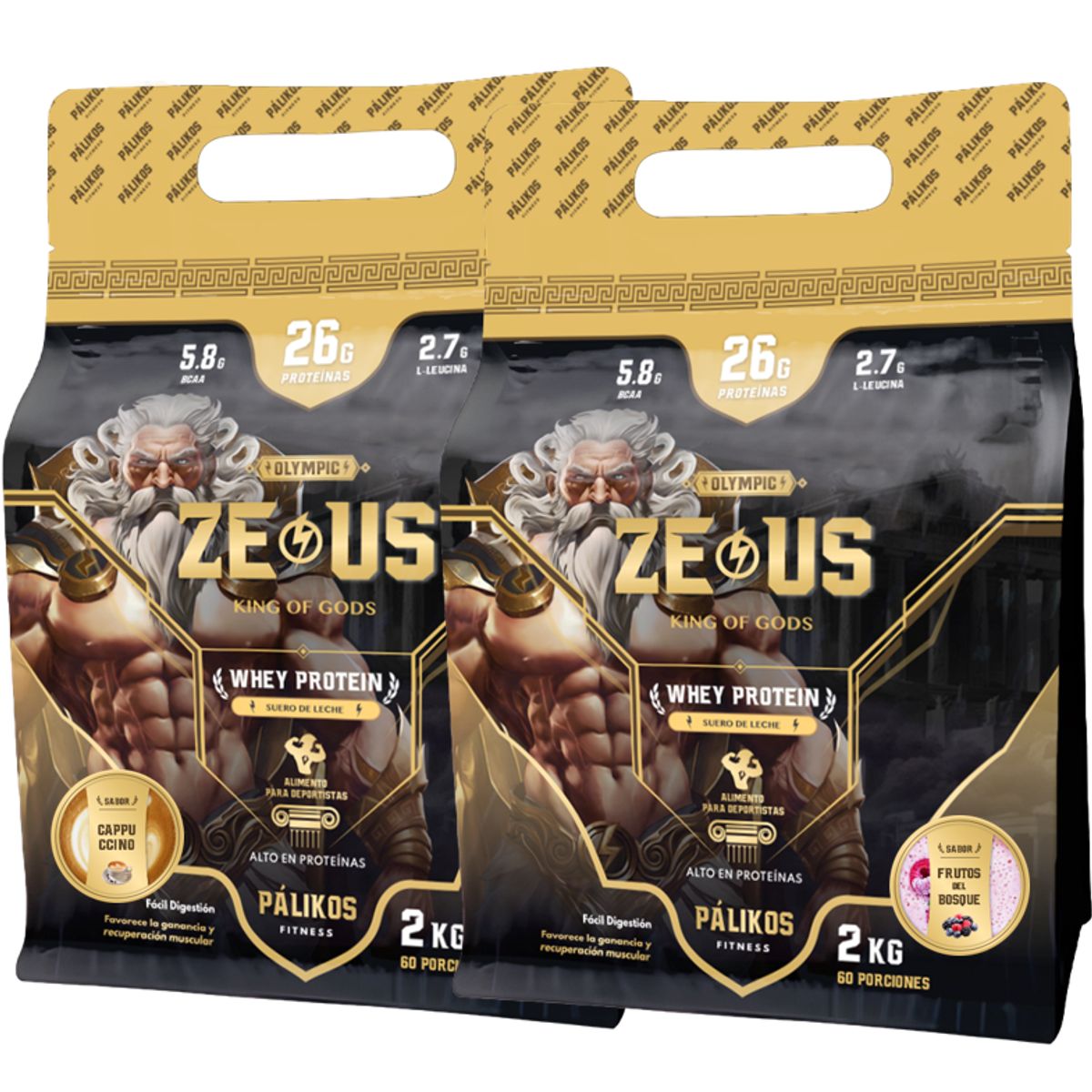 PALIKOS FITNESS - 100% Whey Protein - 2 x Doypack de 2kg(Cappuccino y Frutos del bosque)