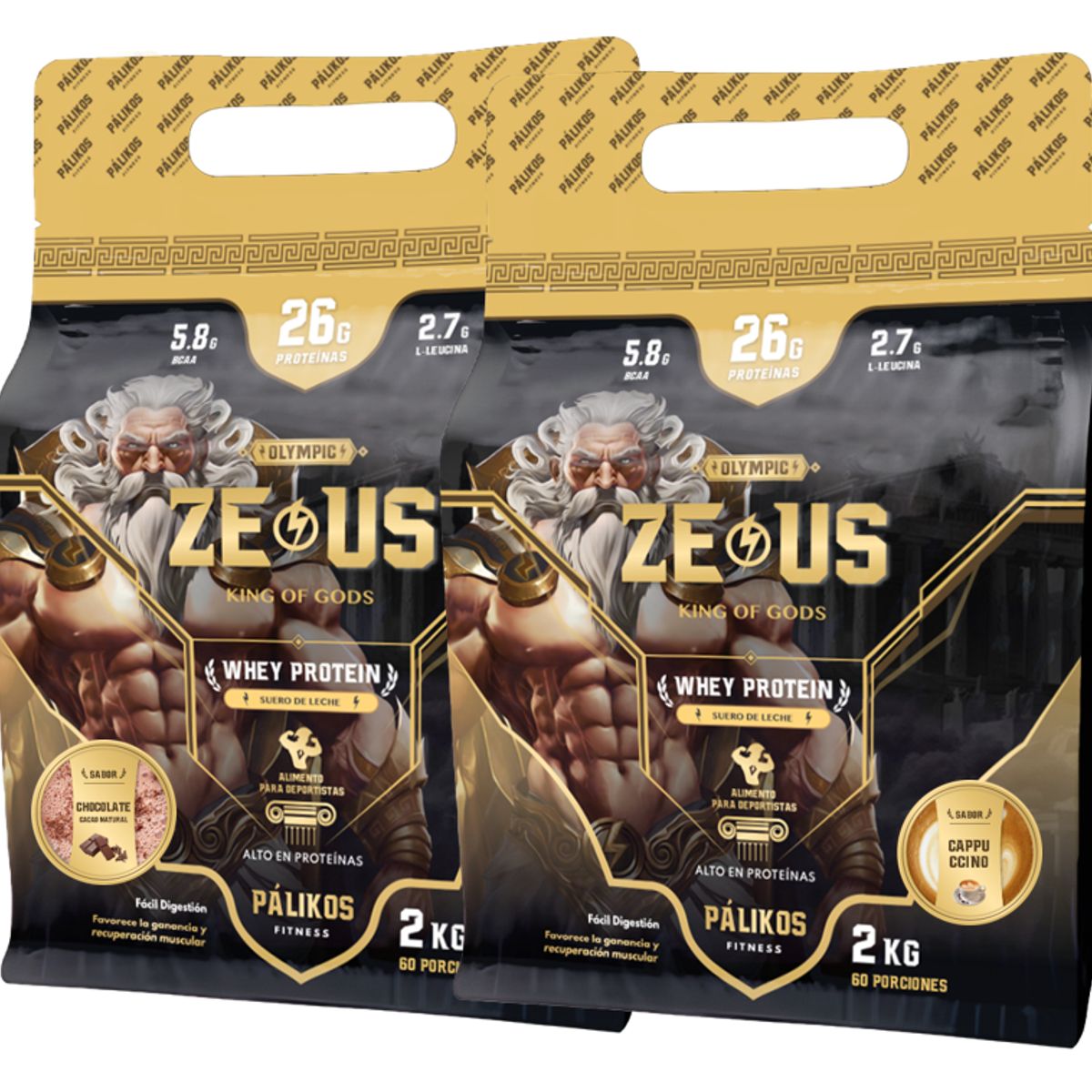 PALIKOS FITNESS - 100% Whey Protein - 2 x Doypack de 2kg (Chocolate y Cappuccino)