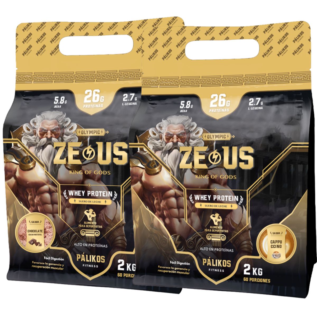 PALIKOS FITNESS - 100% Whey Protein - 2 x Doypack de 2kg (Chocolate y Cappuccino)