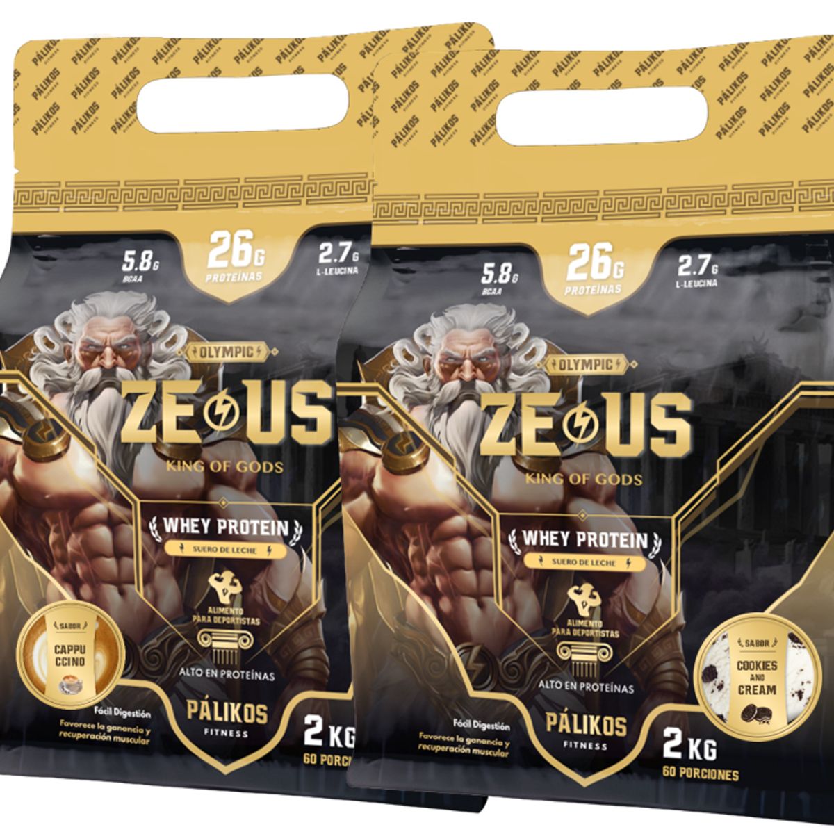 PALIKOS FITNESS - 100% Whey Protein - 2 x Doypack de 2kg (Cappuccino y Cookies)