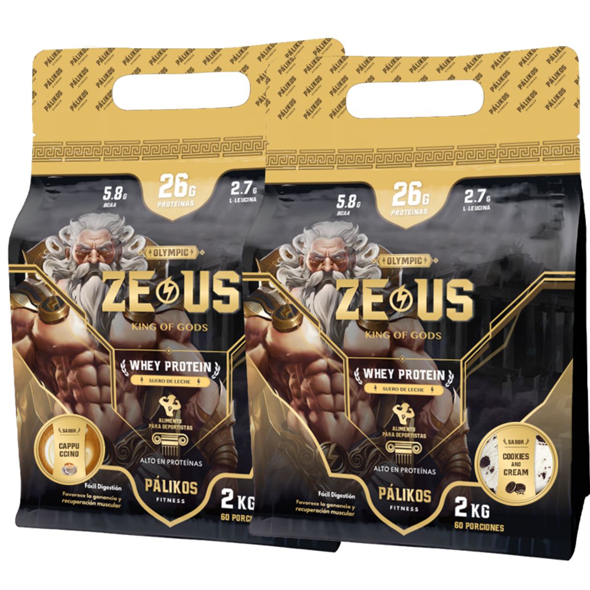 PALIKOS FITNESS - 100% Whey Protein - 2 x Doypack de 2kg (Cappuccino y Cookies)