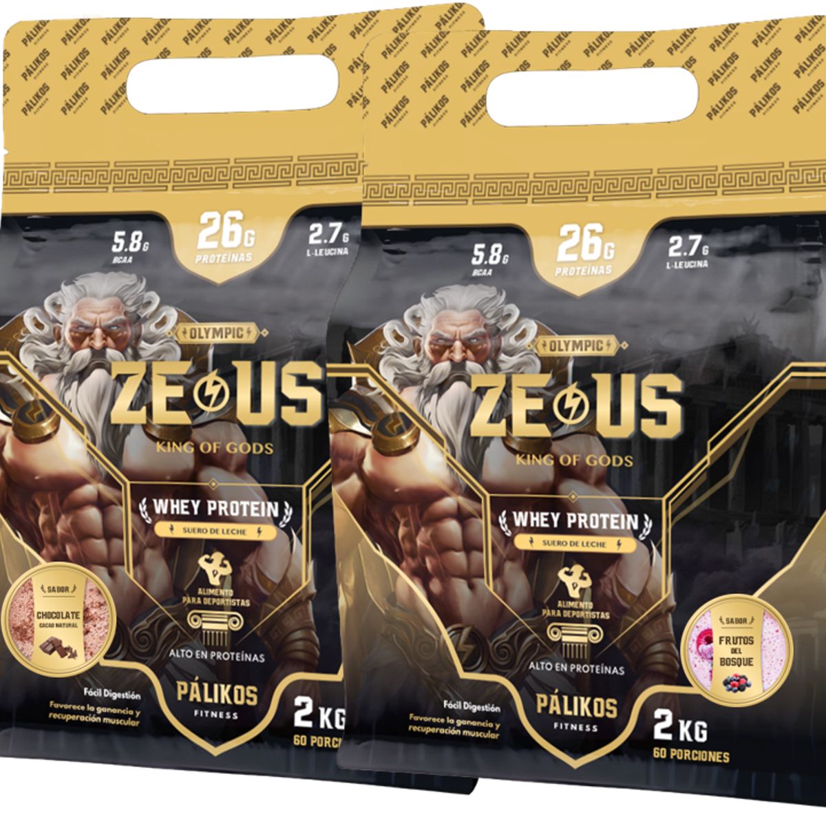 PALIKOS FITNESS - 100% Whey Protein - 2 x Doypack de 2kg (Chocolate y Frutos del bosque)