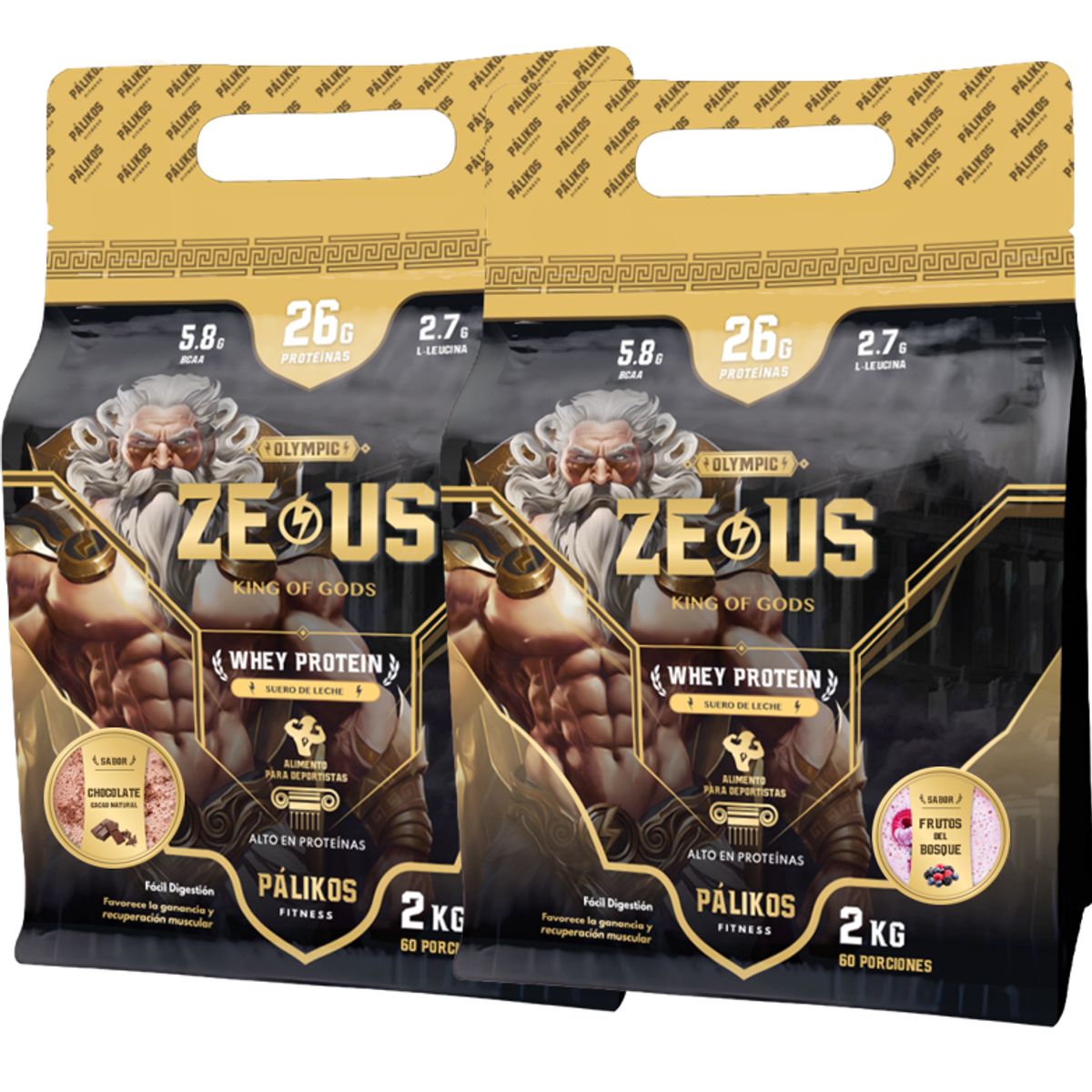 PALIKOS FITNESS - 100% Whey Protein - 2 x Doypack de 2kg (Chocolate y Frutos del bosque)